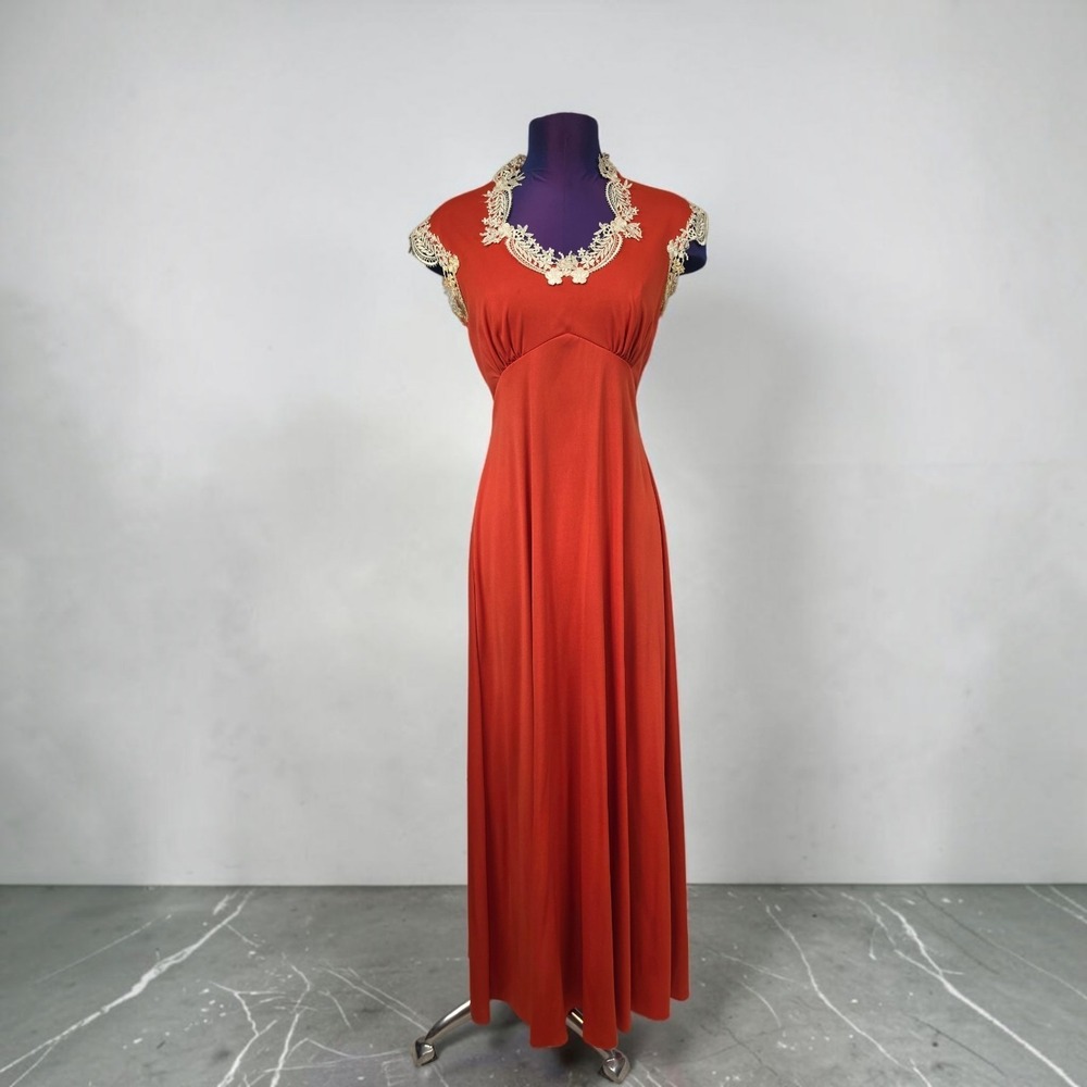 Vintage Burnt Orange Lace Trim Empire Waist Maxi Dress Size 9 Retro Formal